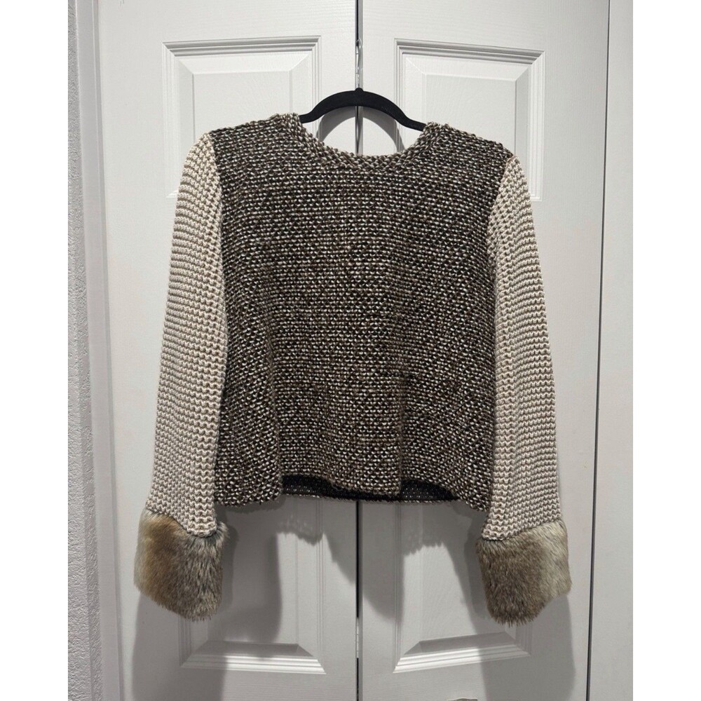 Zara Women's Chunky Indie Boho Brown Cream Knit Fur Trim Sweater Size Small